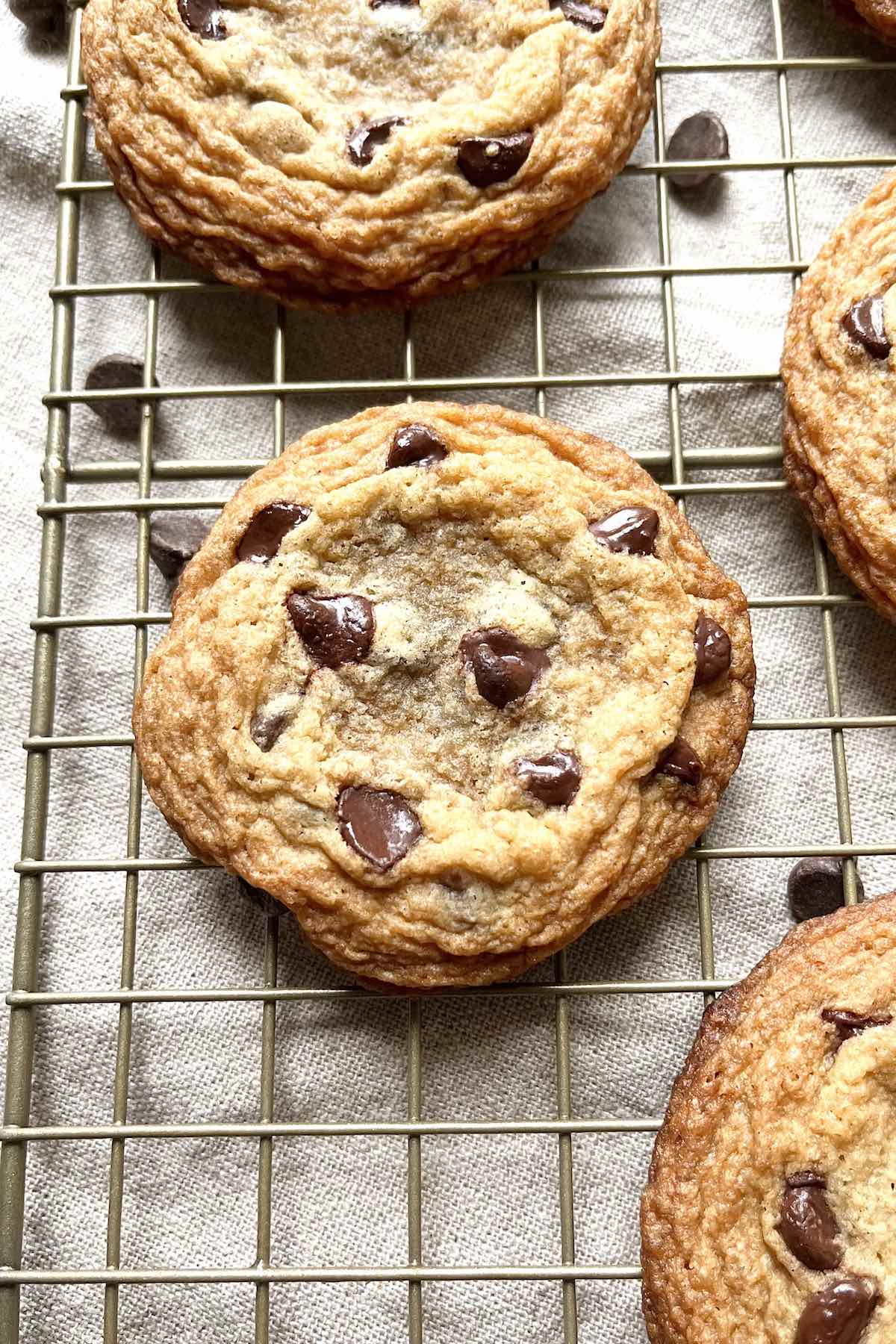 A chocolate chip cookie on a cooling rack with other cookies and chocolate chips scattered around it.