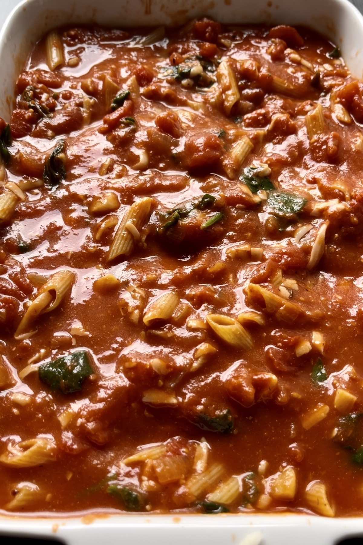 Ingredients mixed in the baking dish.