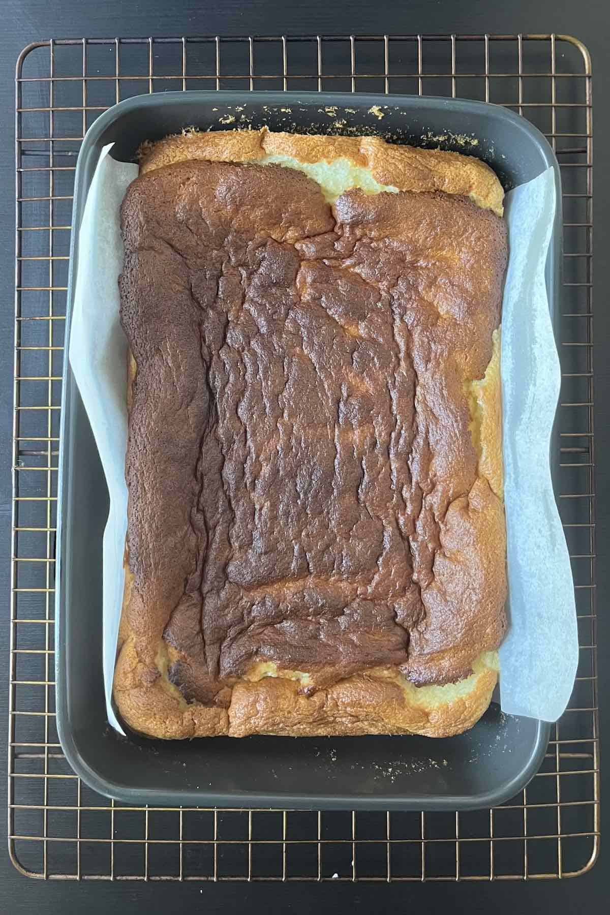 Baked lemon bars in a 9x13 baking dish.