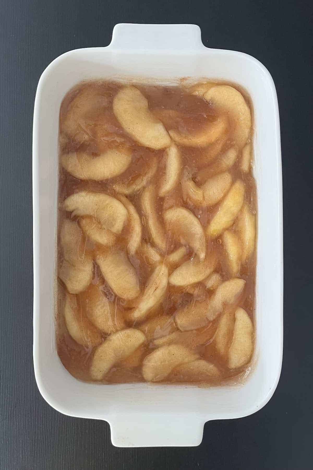 Filling ingredients mixed in a casserole dish.