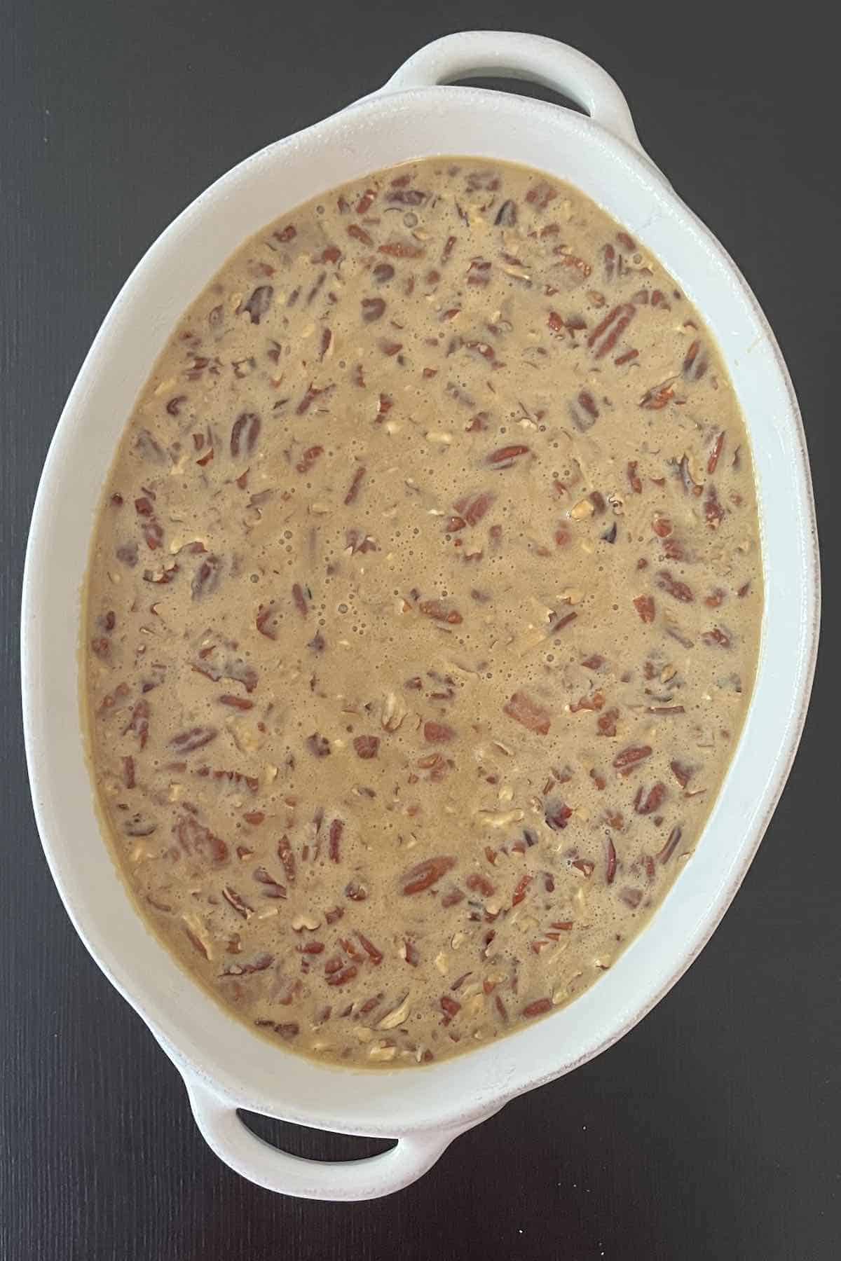 Filling in a white baking dish.