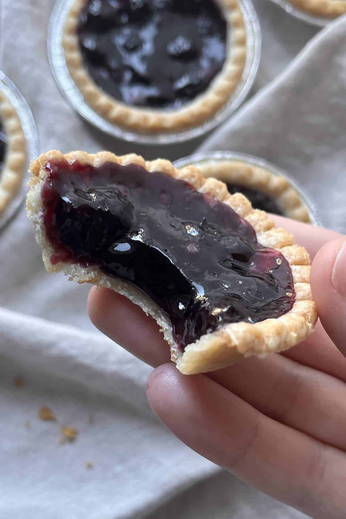 Hand holding a half eaten mini blueberry tart.