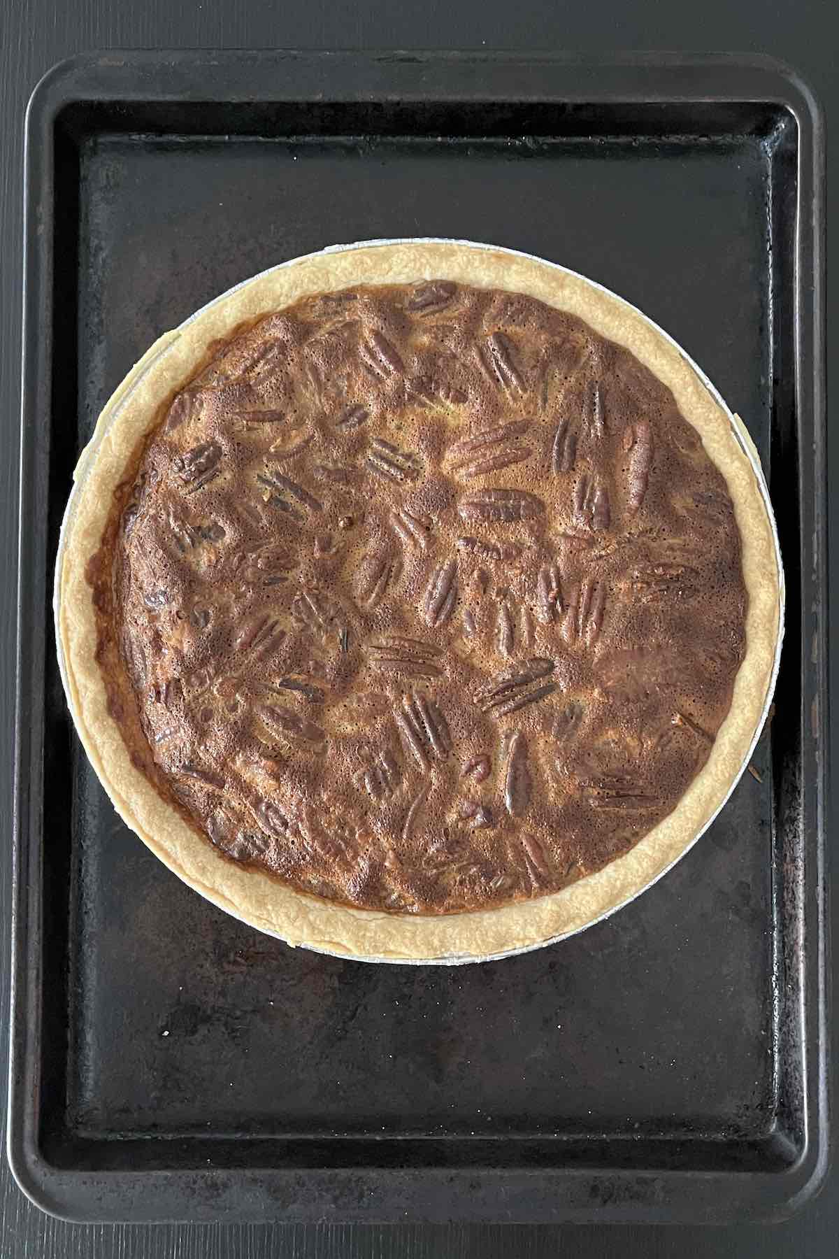Baked pecan pie form the oven.