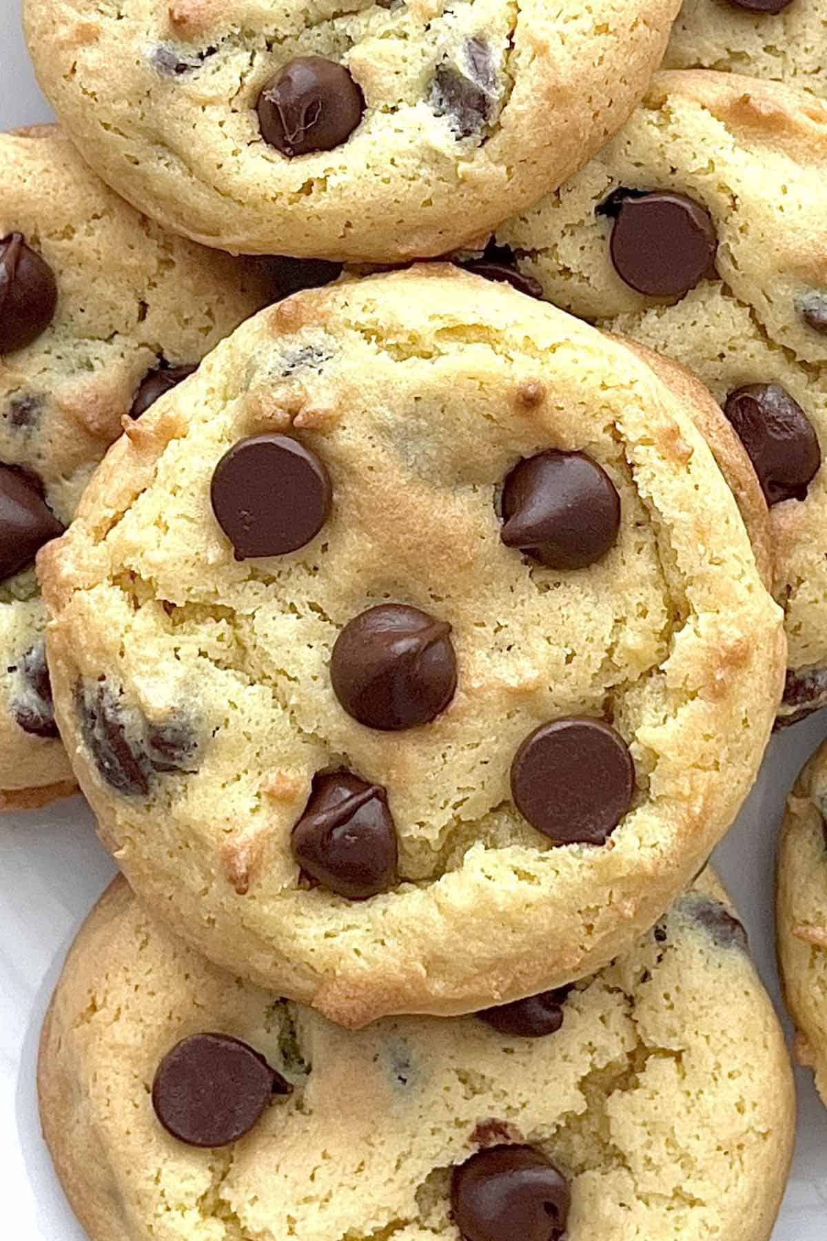 Cake mix chocolate chip cookies on a white plate.