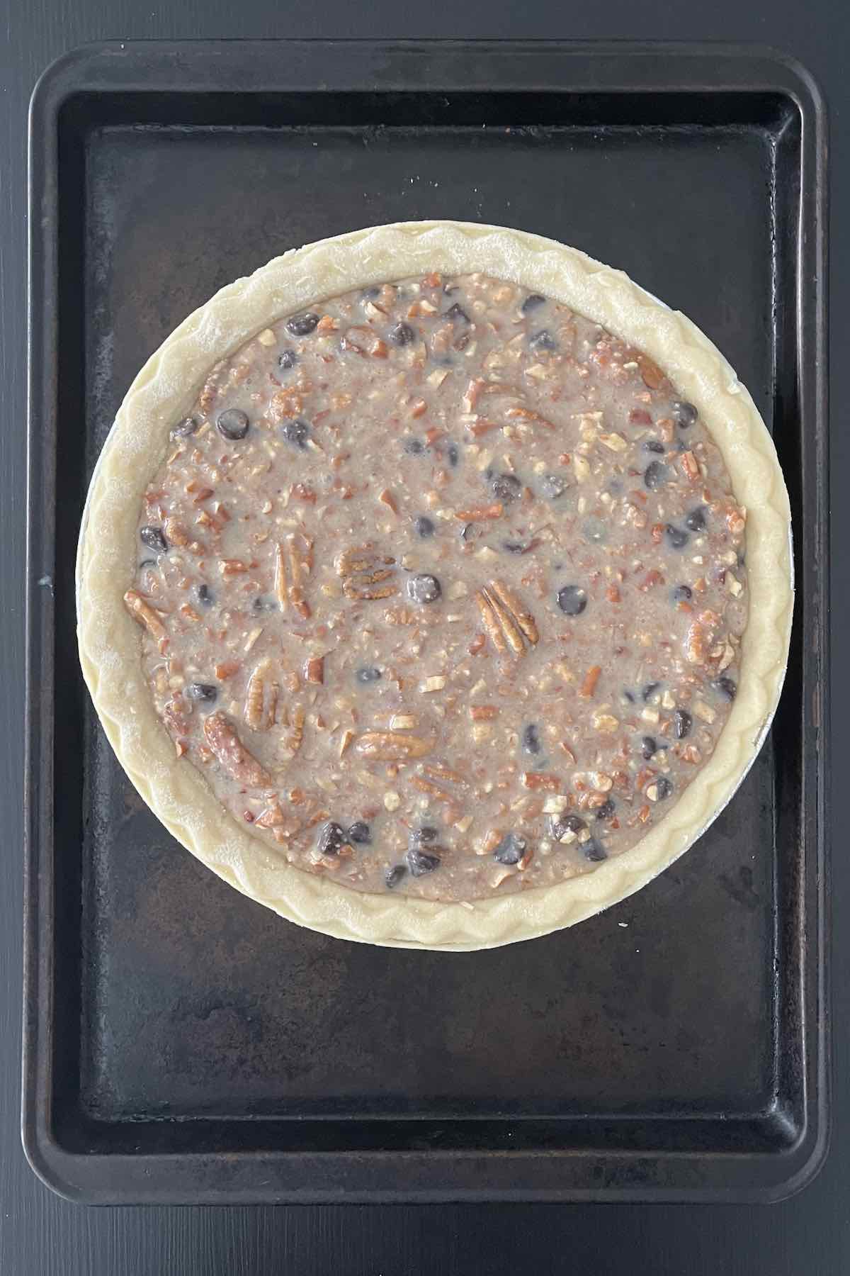 Pie shell filled with the pie filling.