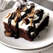 Slice of chocolate peanut butter cup dump cake on a white plate.