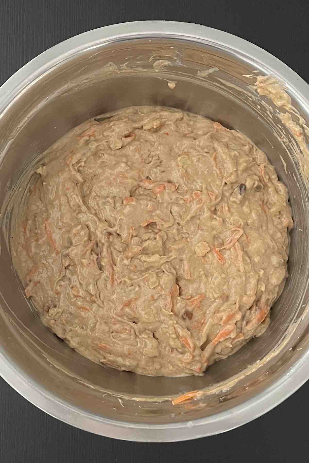 Shredded carrots and pineapple mixed into the cake batter.