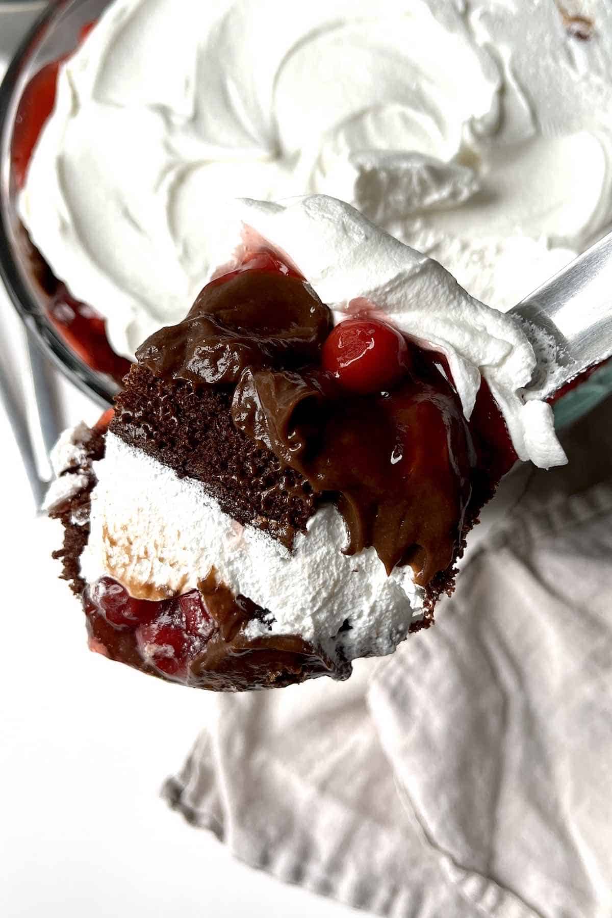 Serving spoon with a scoop of black forest trifle on it.