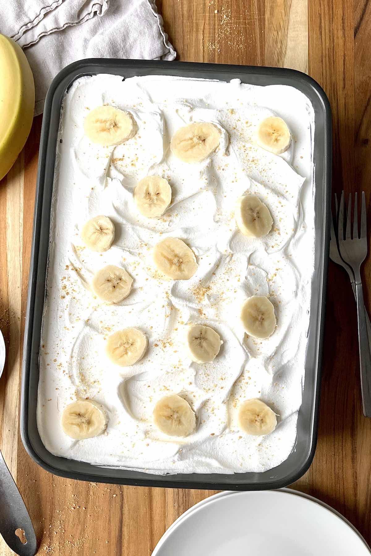 Banana cream delight in a baking dish.