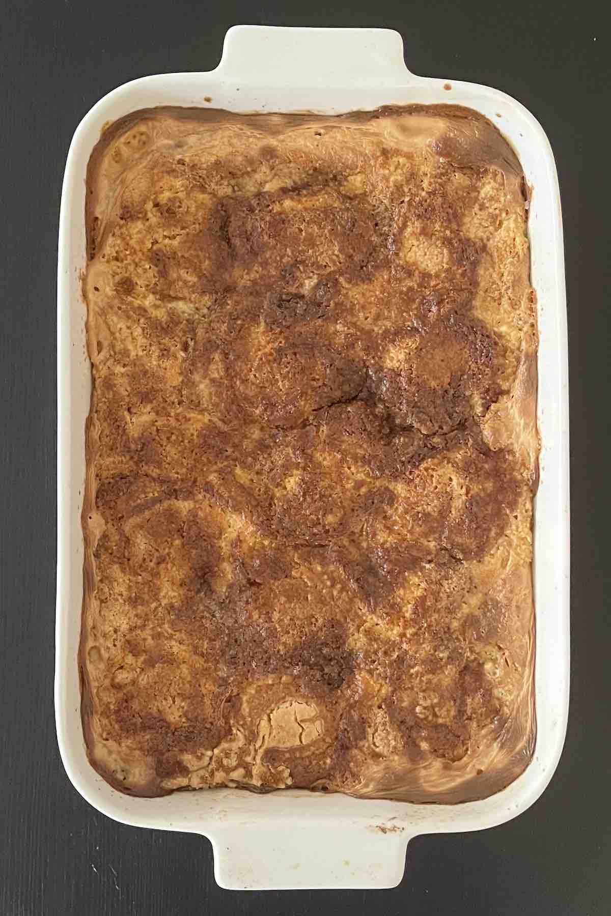 Baked banana dump cake in a baking dish.